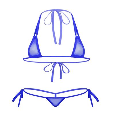 FEESHOW Womens Mesh Sheer Extreme Swimsuit Micro Brazilian Bikini Sets Halter Bra Top with G-String Royal Blue One Size