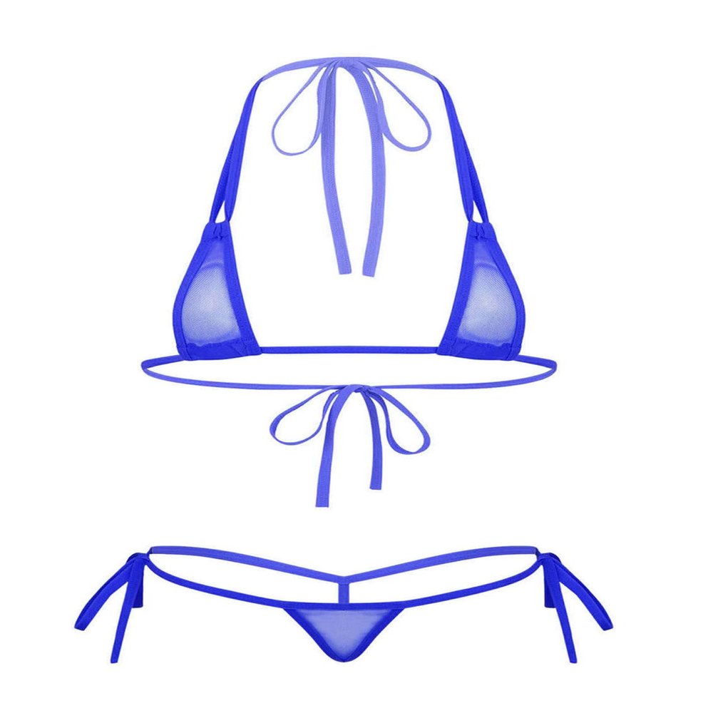 FEESHOW Womens Mesh Sheer Extreme Swimsuit Micro Brazilian Bikini Sets Halter Bra Top with G-String Royal Blue One Size