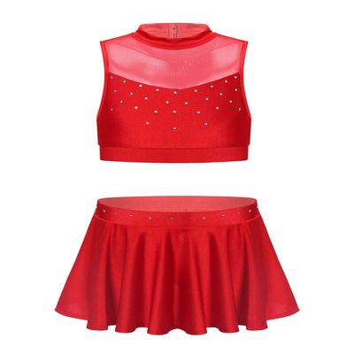 Freebily Kids Girls Basic 2 Piece Latin Rumba Active Outfit Crop Top and Skirt Shorts Set for Gymnastics/Dancing/Workout Red 6