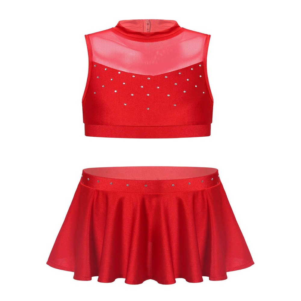 Freebily Kids Girls Basic 2 Piece Latin Rumba Active Outfit Crop Top and Skirt Shorts Set for Gymnastics/Dancing/Workout Red 6