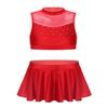 Freebily Kids Girls Basic 2 Piece Latin Rumba Active Outfit Crop Top and Skirt Shorts Set for Gymnastics/Dancing/Workout Red 6 view 1