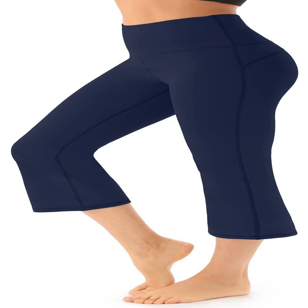 AFITNE Yoga Pants for Women Bootcut Capris with Pockets High Waisted Flare Workout Bootleg Yoga Crop Flared Athletic Gym Pants Navy Blue - XS