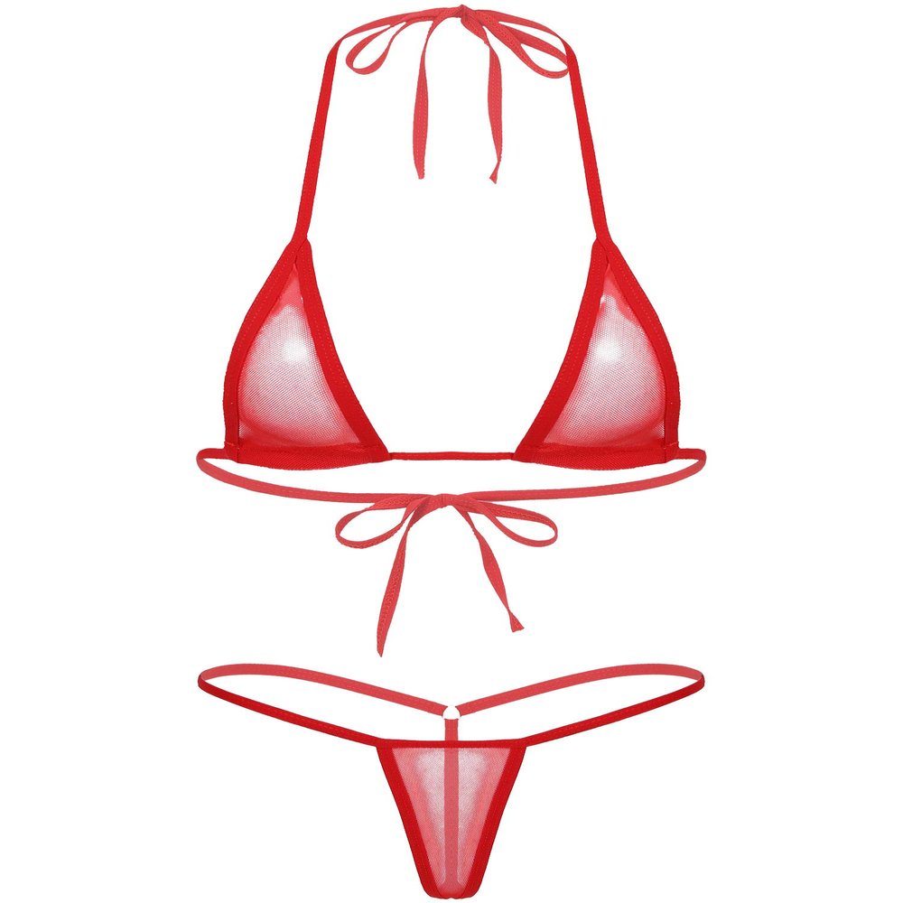 FEESHOW Womens Mesh Sheer Extreme Bikini Sets Micro Brazilian Swimsuit Halter Bra Top with G-String Red One Size