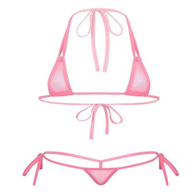 FEESHOW Womens Mesh Sheer Extreme Swimsuit Micro Brazilian Bikini Sets Halter Bra Top with G-String Pink One Size