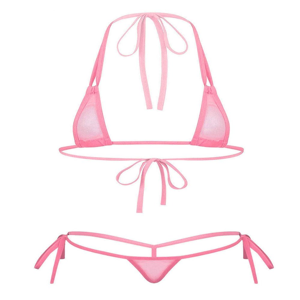 FEESHOW Womens Mesh Sheer Extreme Swimsuit Micro Brazilian Bikini Sets Halter Bra Top with G-String Pink One Size