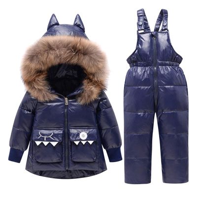 Letuwj Baby Girls Boys Winter Hooded Snowsuit Puffer Down Jacket with Snow Ski Bib Pants 2-Piece Set Dark Blue 100cm