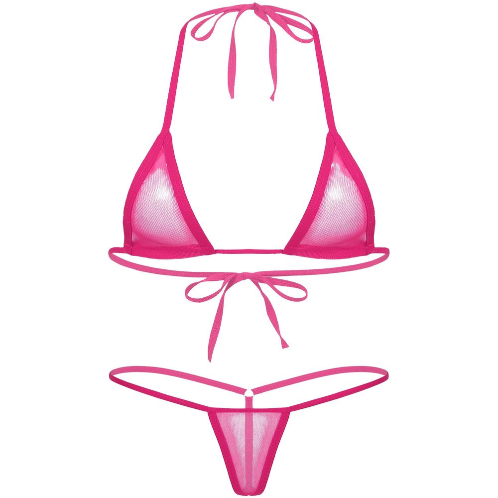 FEESHOW Womens Mesh Sheer Extreme Bikini Sets Micro Brazilian Swimsuit Halter Bra Top with G-String Hot Pink One Size