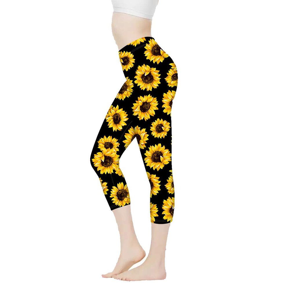 AFPANQZ Cute Sunflowers Leggings for Women's High Waist Comfortable Yoga Pants Buttery Soft Athletic Tummy Control Scrunch Butt Compression Fabric Leggings Small Yellow Black