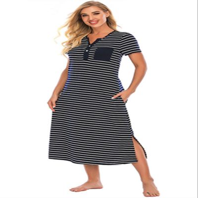 Honeystore Women's Stripes Maxi Dress Short Sleeve Sleepwear Dresses with Split H0133-Navy S