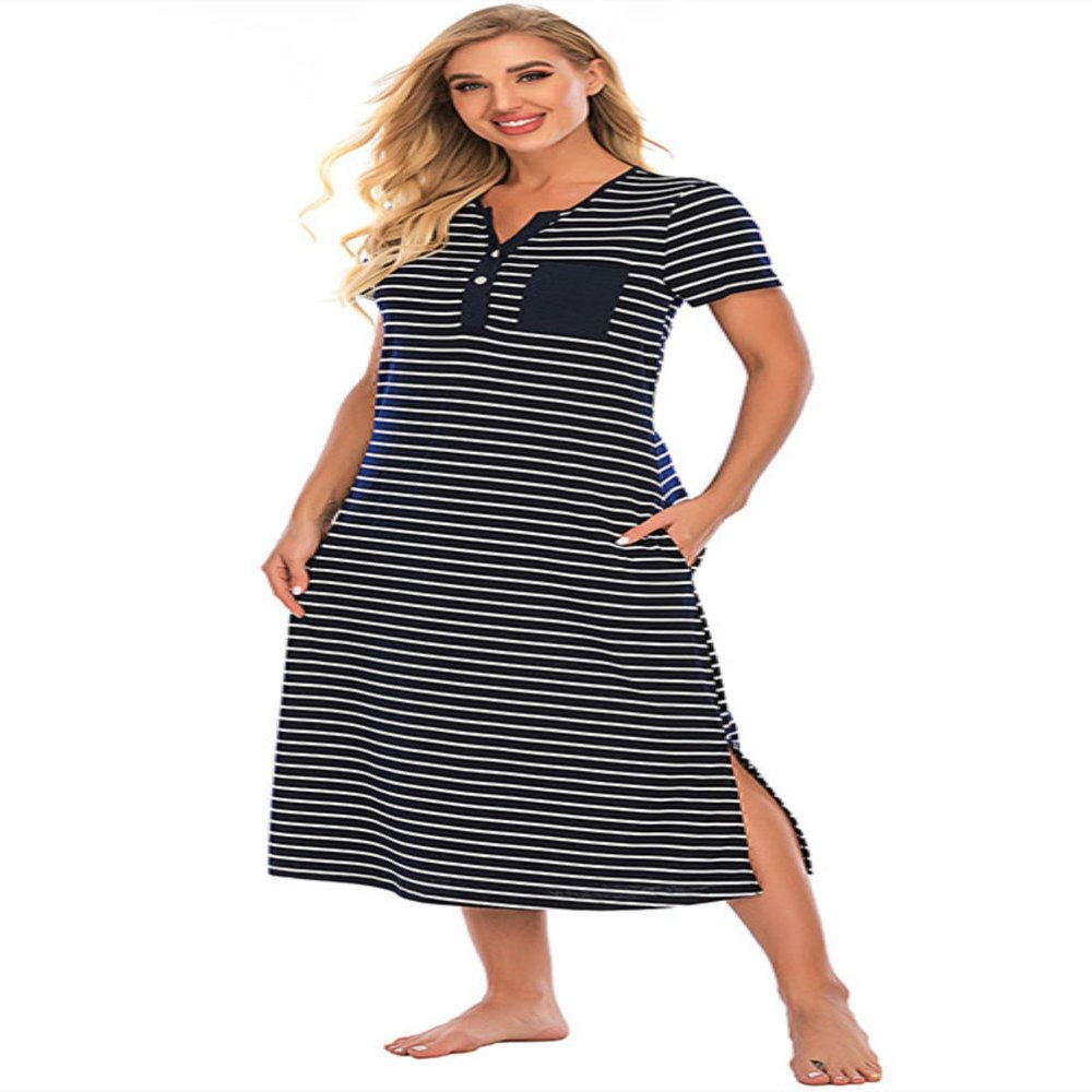 Honeystore Women's Stripes Maxi Dress Short Sleeve Sleepwear Dresses with Split H0133-Navy S