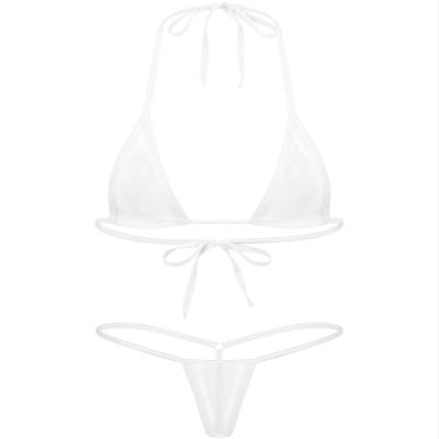 FEESHOW Womens Mesh Sheer Extreme Bikini Sets Micro Brazilian Swimsuit Halter Bra Top with G-String White One Size