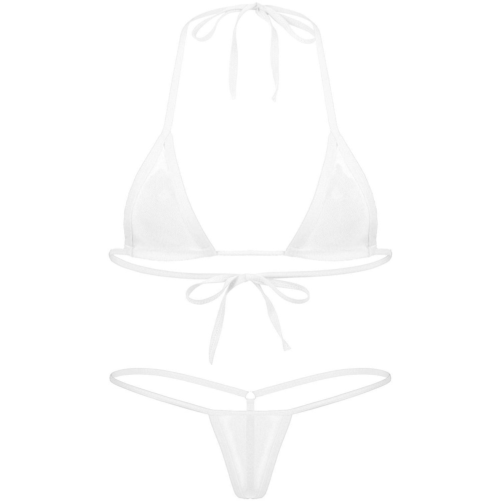 FEESHOW Womens Mesh Sheer Extreme Bikini Sets Micro Brazilian Swimsuit Halter Bra Top with G-String White One Size