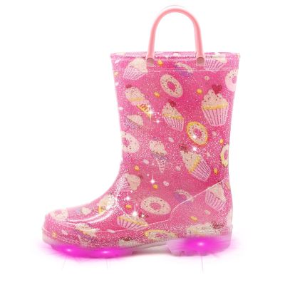 EUXTERPA Kids Toddler Light Up Rain Boots Girls Waterproof Patterns and Glitter Boots with Easy On Handles, Cupcake, Little Kid Size 12