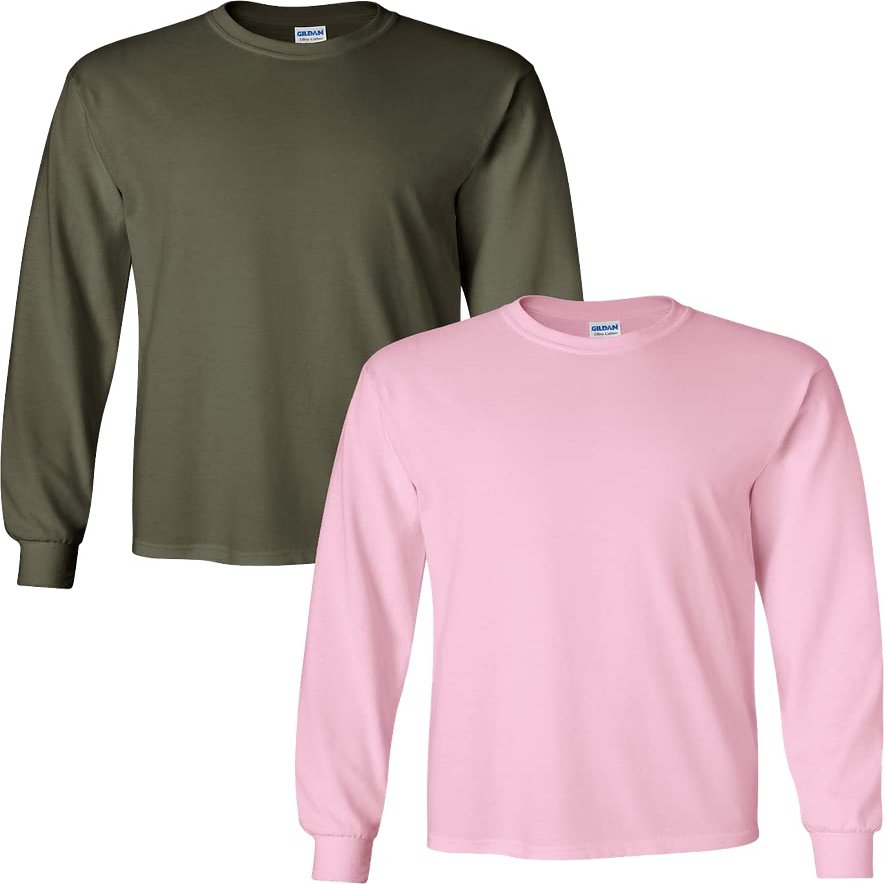 VISHTEA 2-Pack Ultra Cotton Long Sleeve Unisex Bundle Bulk Assorted Colors T-Shirt, Style G2400, Valued 2-Pack SML Military/LightPink