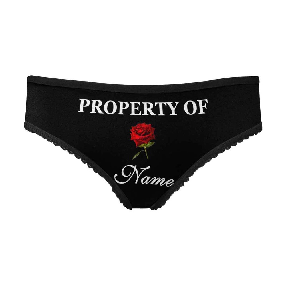 Custom Text Underwear Property of Name Rose Black Women's High-Cut Brief Panty Underwear with Name for Girl Friend Wife XL