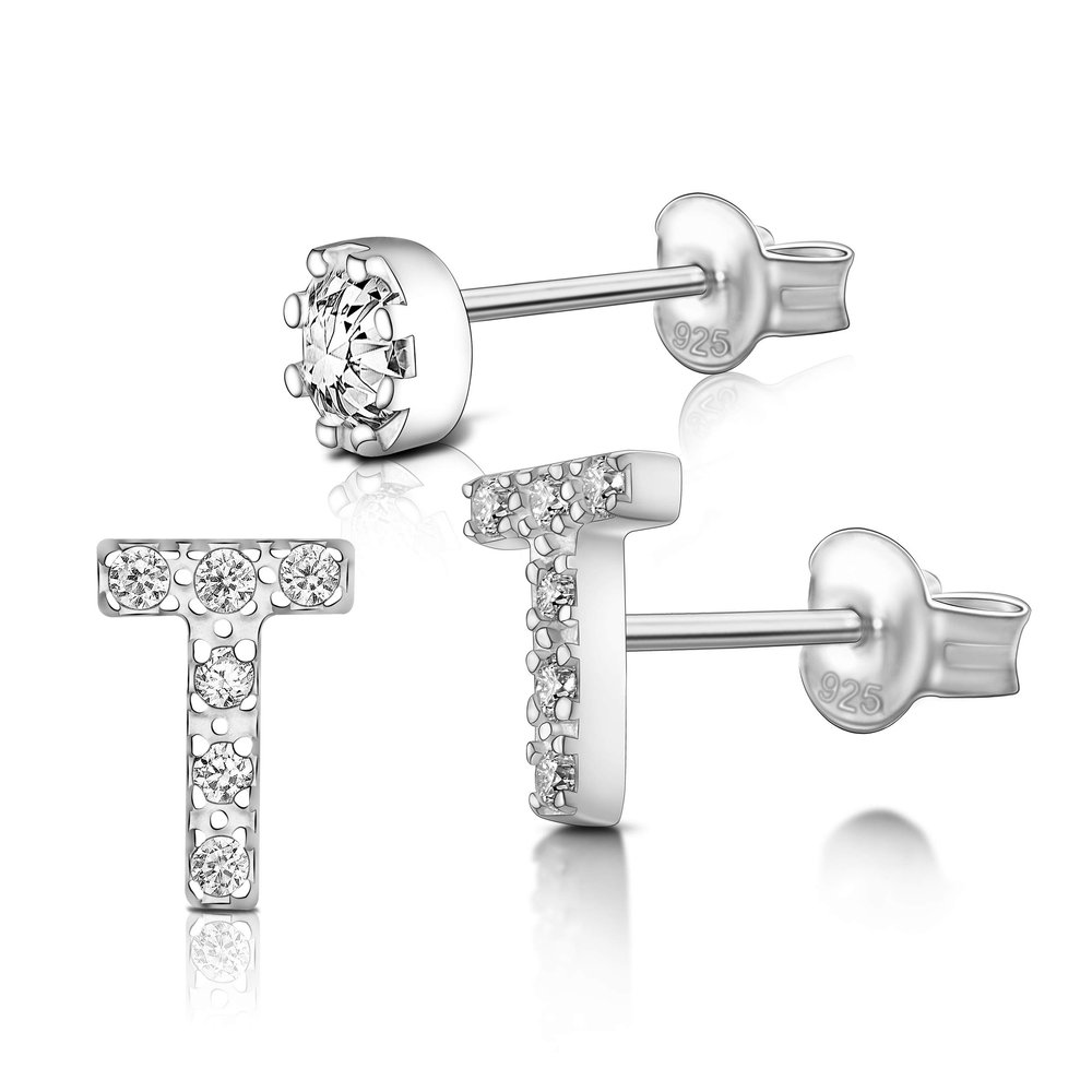 Initial Earrings For Women Mom Girlfriend, A-Z Alphabets Letters Earrings Sterling Silver Nickel Free Sensitive Earrings Studs (T)