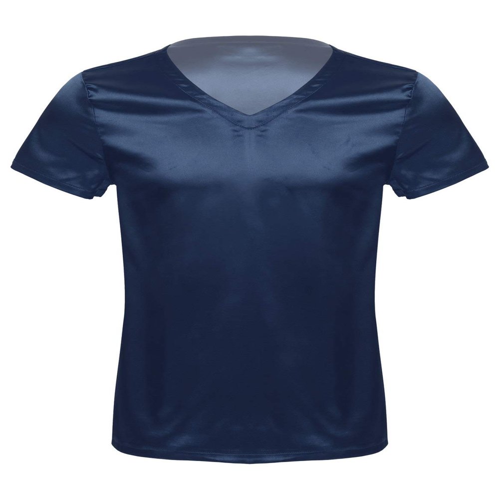 Alvivi Mens Satin Pajamas Nighshirt V Neck Short Sleeve Comfy Pj Set Blouses Sleepwear Loungewear Navy_Blue Medium