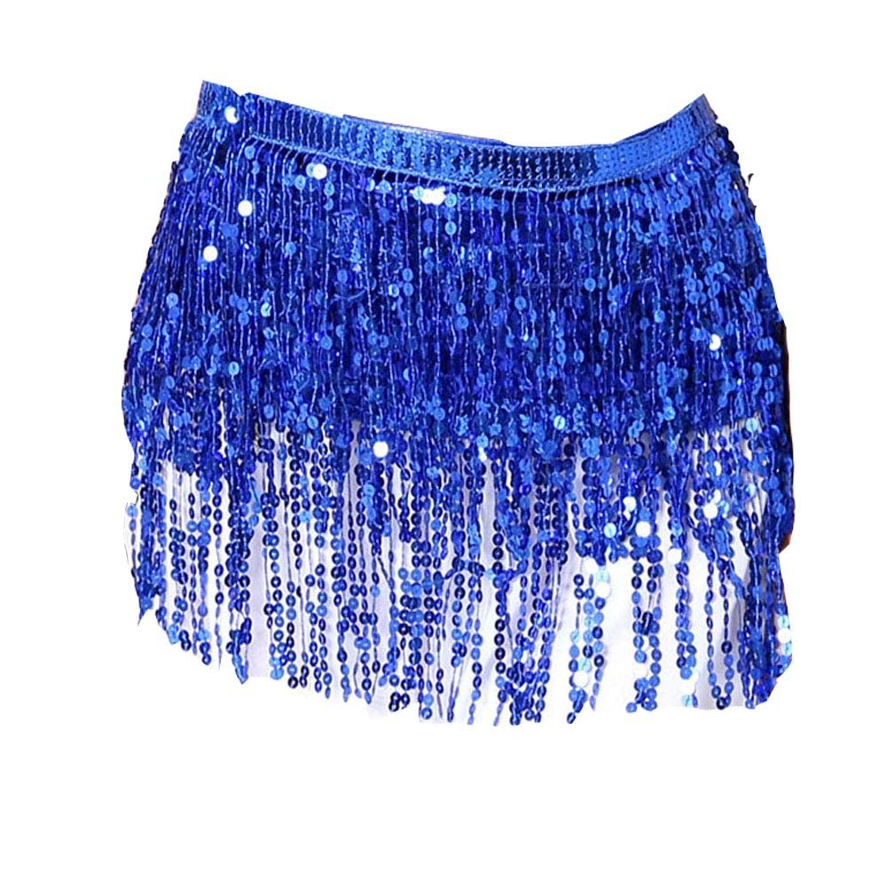 Belly Dance Costume Sequin Tassel Fringe Hip Scarf Belt Waist Beach Wrap Skirt (Dark Blue,One Size)