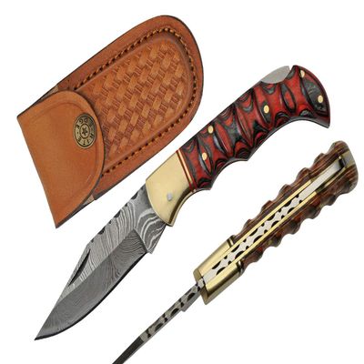 SANZ Damascus Supplies 3.5 Red Wood Handle Steel EDC Folding Knife with Sheath for Camping, Hiking, Outdoor Use