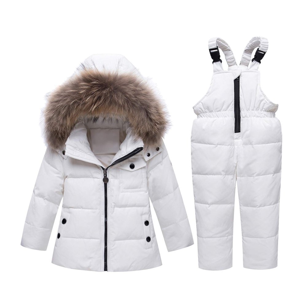 Letuwj Baby Girls Boys Winter Hooded Snowsuit Puffer Down Jacket with Snow Ski Bib Pants 2-Piece Set White 120cm