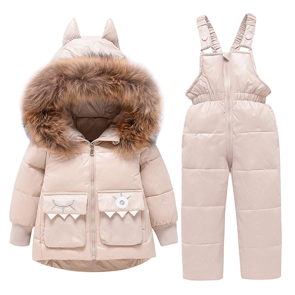 Letuwj Baby Girls Boys Winter Hooded Snowsuit Puffer Down Jacket with Snow Ski Bib Pants 2-Piece Set Beige 120cm