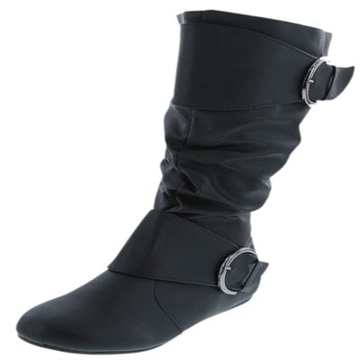 Forever Link Klein-70 Women's Closed Round Toe Buckle Slouch Flat Heel Mid-Calf Boot,Black Pu,9