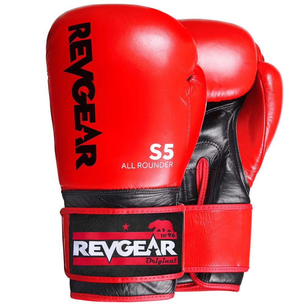 Revgear S5 Leather Muay Thai & Kickboxing Gloves with Handwrap Compartment - Ideal MMA, Training Boxing Gear (Red/Black, 14OZ)
