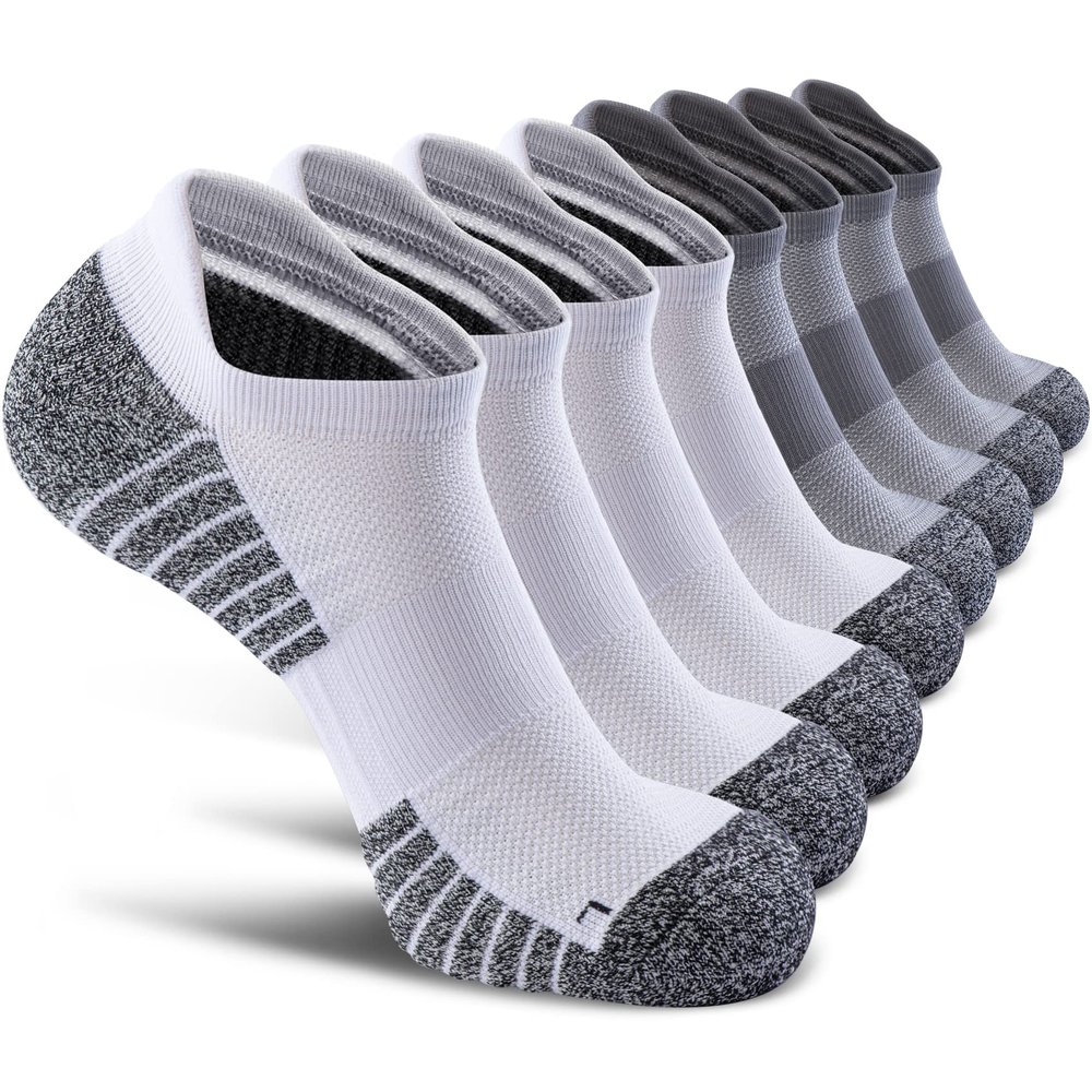 SITOISBE No Show Sports Compression Running Socks for Men Women Circulation 8-pairs, Low Cut Cushioned Socks Moisture Wicking Arch Support for Planter Faciatis Golf Exercise, Gray White, Large