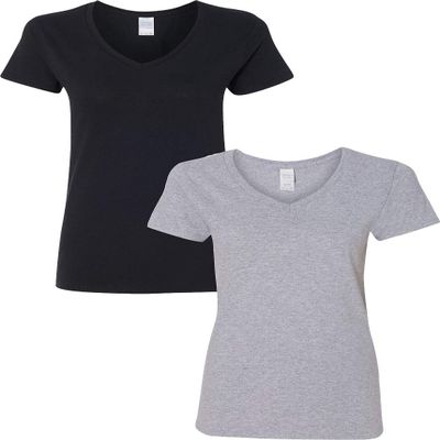 Gildan Heavy Cotton Ladies' 5.3 oz. V-Neck T-Shirt 2-Pack SML-Black-SportGray