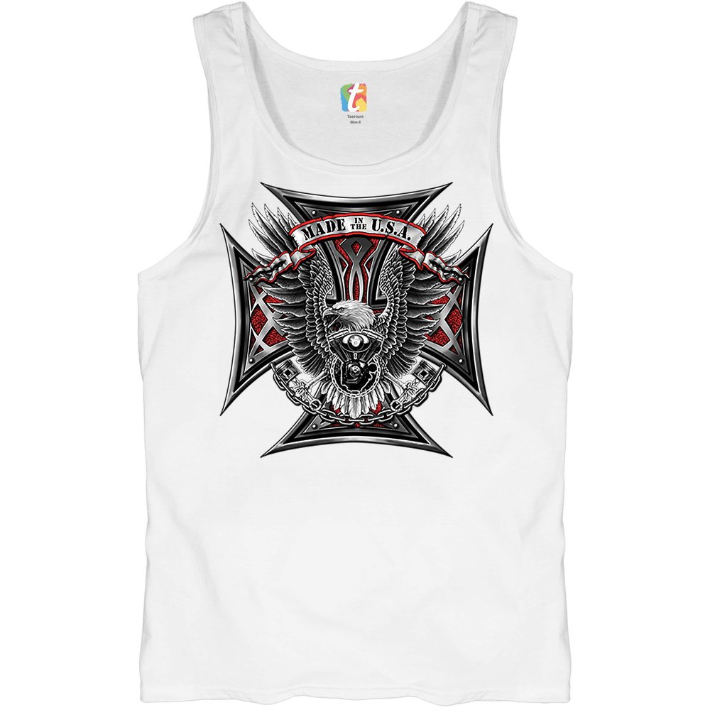 Made in The USA Biker Cross Tank Top American Eagle Motorcycle Men's Top White Small