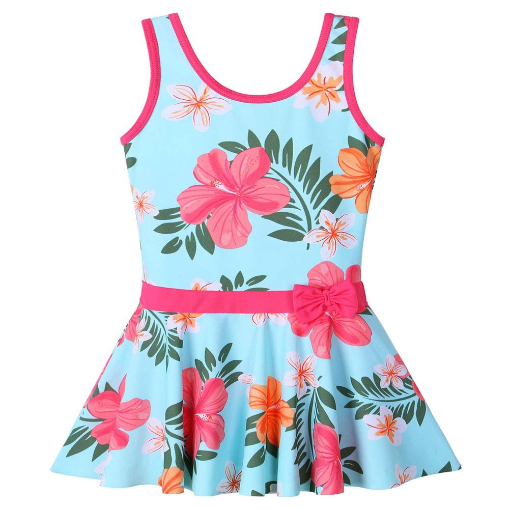 BAOHULU Toddler Girls Swimsuit One Piece Cute Floral Dress Swimwear 3-8 Years S349_CyanFlower_152/158