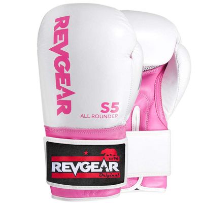 Revgear S5 Leather Muay Thai & Kickboxing Gloves with Handwrap Compartment - Ideal MMA, Training Boxing Gear (White/Pink, 12OZ)