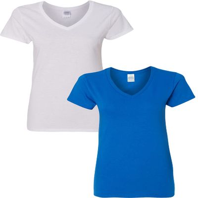 Gildan Heavy Cotton Ladies' 5.3 oz. V-Neck T-Shirt 2-Pack SML-White-Royal