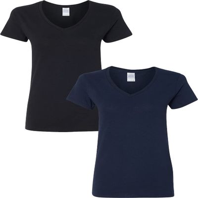 Gildan Women's Heavy Cotton V-Neck T-Shirt 2-Pack MED-Black-Navy