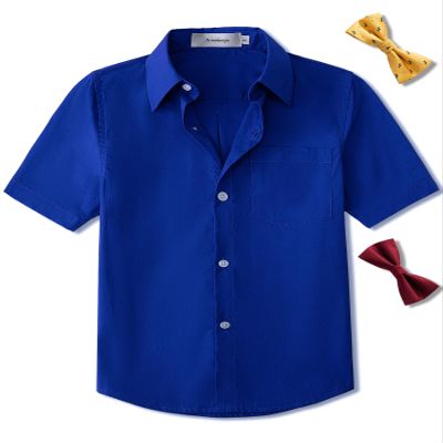Aimehonpe Boy's Short Sleeve Cotton Dress Shirt and Bow Tie Formal Uniform Solid Button-Down Shirts, RoyalBlue, XX-Large