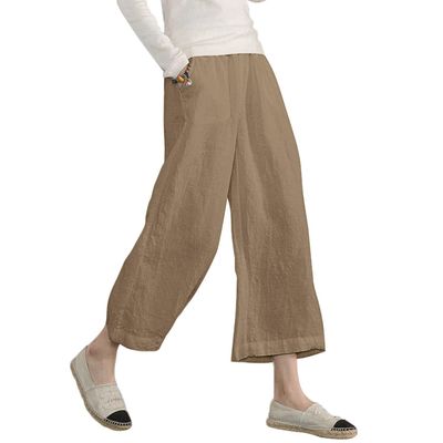 Womens Cotton Cropped Pants Loose Fit Wide Leg Capri Casual Plus Size Elastic Waist Trousers Khaki 22
