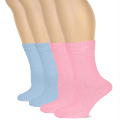 Hugh Ugoli Women's Cotton Crew Socks | Plain Color, Regular Fit, Soft Casual Socks for Trouser, 4 Pairs, Pink/Blue, Shoe Size: 9-12