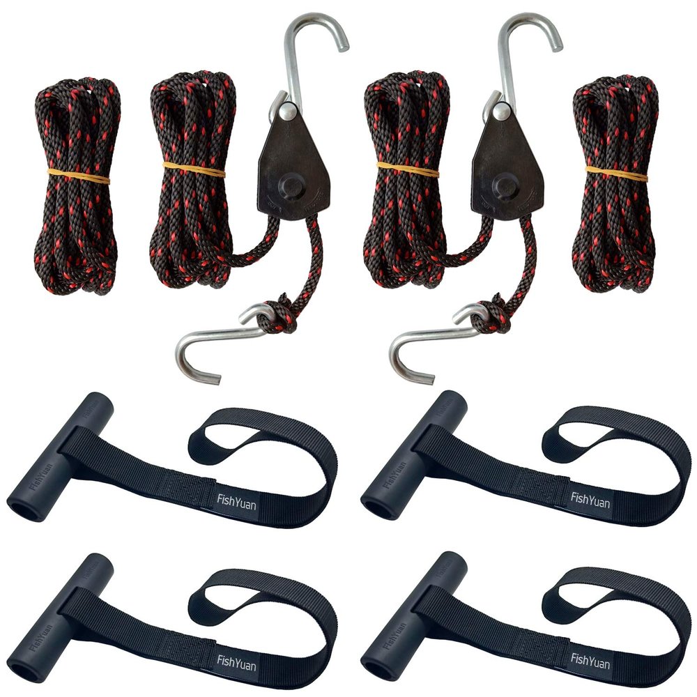 FishYuan Kayak and Canoe Tie Down Set, 4Pcs Quick Loops and 2Pcs Sentry Ratchet Tie Down Rope and 2Pcs Rope