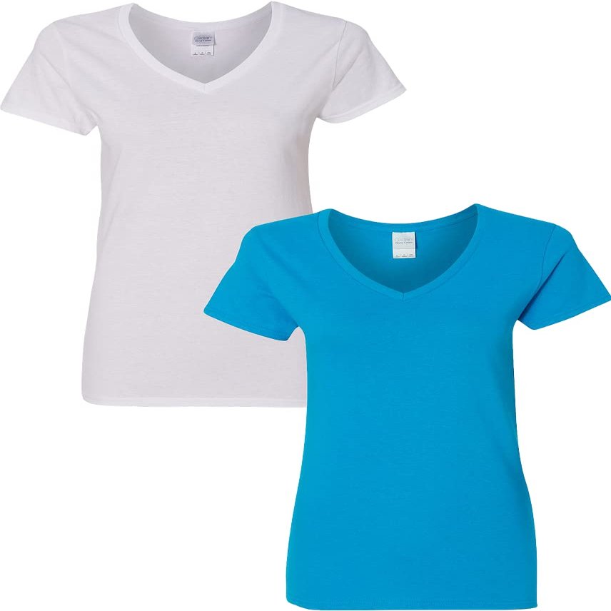 Gildan Women's Heavy Cotton V-Neck T-Shirt 2-Pack XL-White-Sapphire