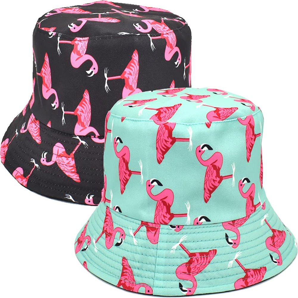 2 Pack Stylish Printed Bucket Hat Reversible Double-Side-Wear Travel Beach Couple Fisherman Cap Unisex (Flamingo Blue Black 2 Pack)