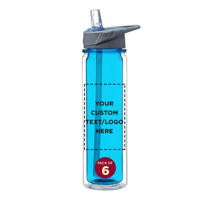 DISCOUNT PROMOS Custom Tritan Sports Bottles with Straw 19 oz. Set of 6, Personalized Bulk Pack - Great for Gym, Hiking, Cycling, Camping, Backpacking, School - Blue