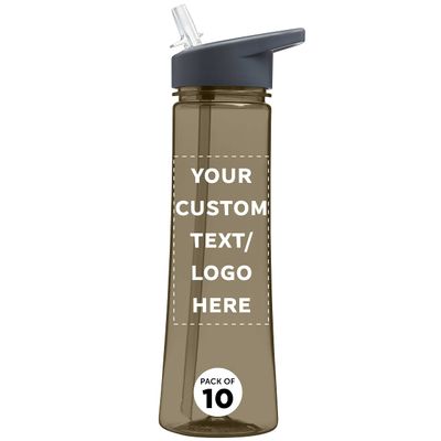 DISCOUNT PROMOS Custom Plastic Bottles with Drink Spout 22 oz. Set of 10, Personalized Bulk Pack - Great for Gym, Hiking, Cycling, Camping, Backpacking, School - Charcoal