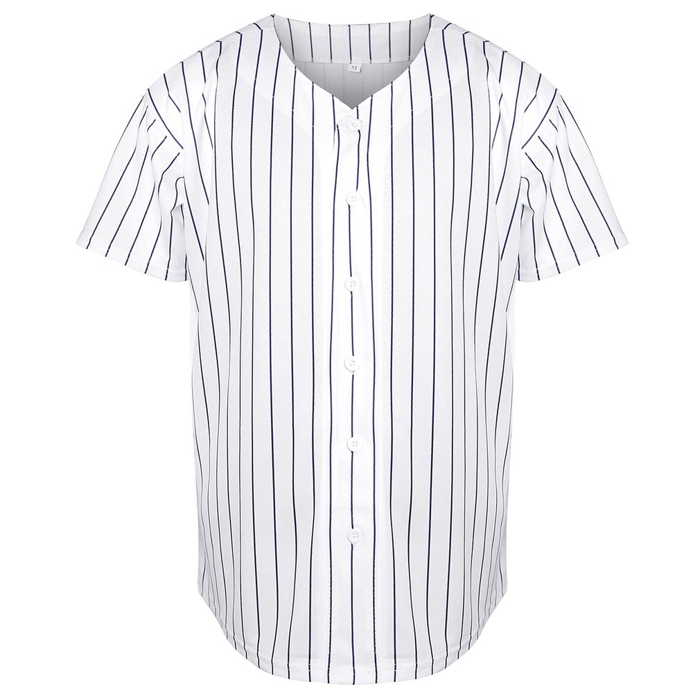 Blank Plain Hip Hop Hipster Baseball Jersey Button Down Shirts Sports Uniforms Men Women Jersey (White-Stripe, Large)