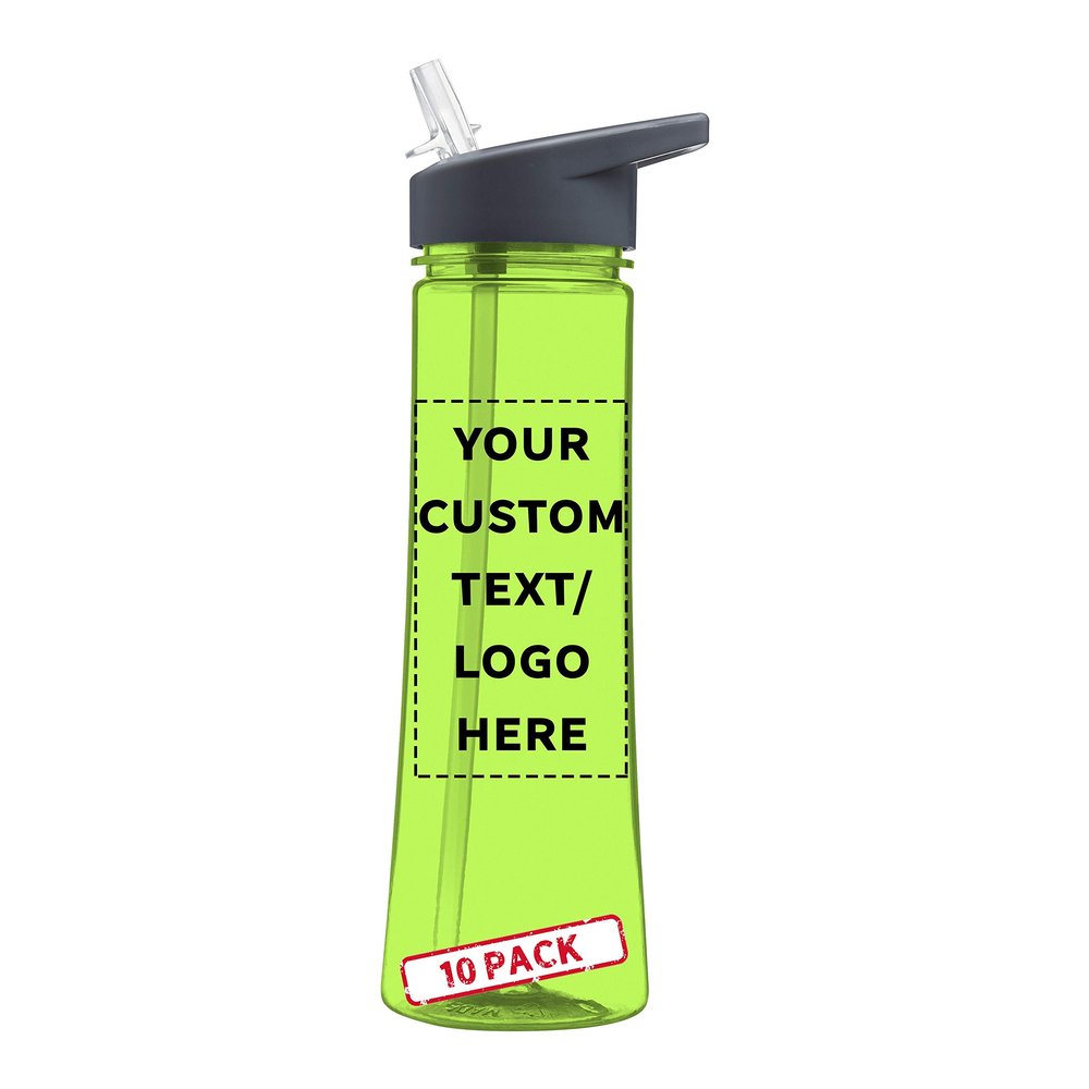 DISCOUNT PROMOS Custom Plastic Bottles with Drink Spout 22 oz. Set of 10, Personalized Bulk Pack - Great for Gym, Hiking, Cycling, Camping, Backpacking, School - Lime Green