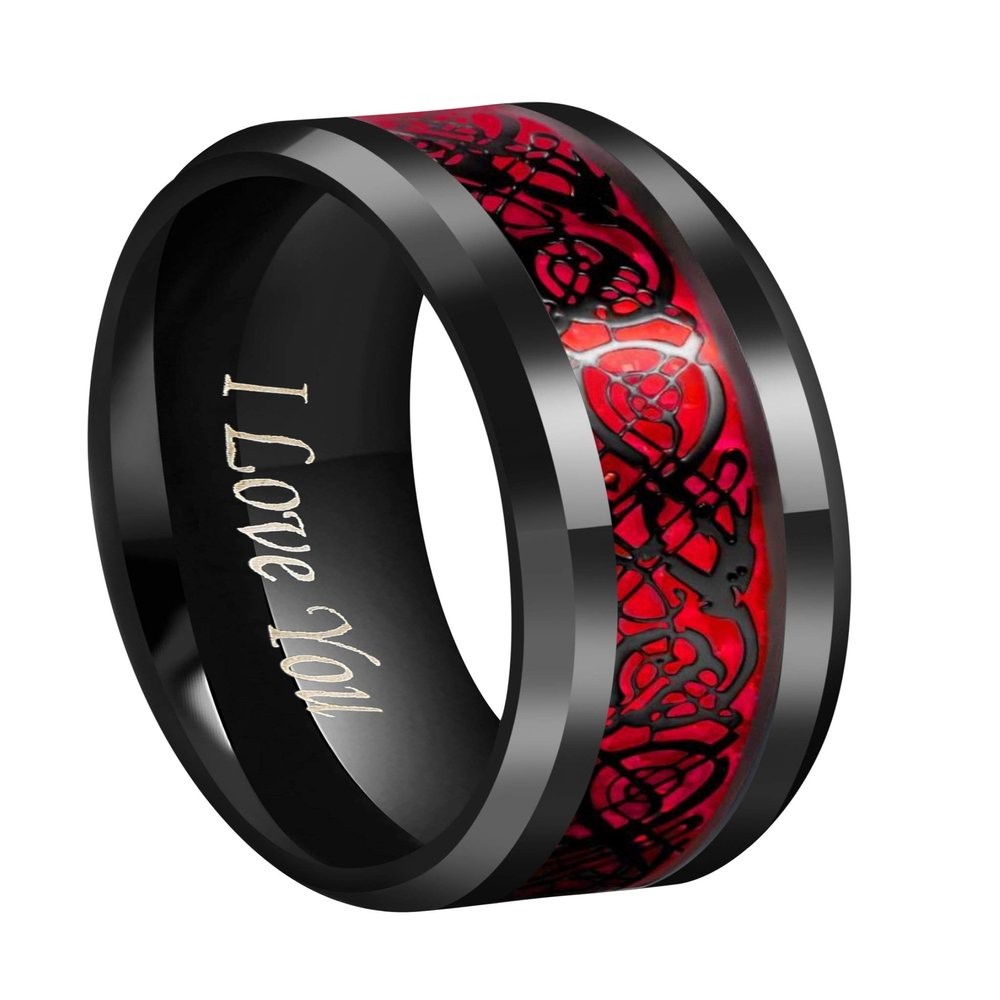 CROWNAL Black Dragon Tungsten Carbide Ring Wedding Band 10mm Red Carbon Fiber Black Celtic Dragon Inlay Engraved 'I Love You' Size 7-17 (10mm, 10)