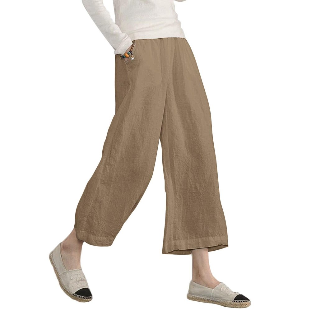 Womens Cotton Cropped Pants Loose Fit Wide Leg Capri Casual Plus Size Elastic Waist Trousers Khaki 16