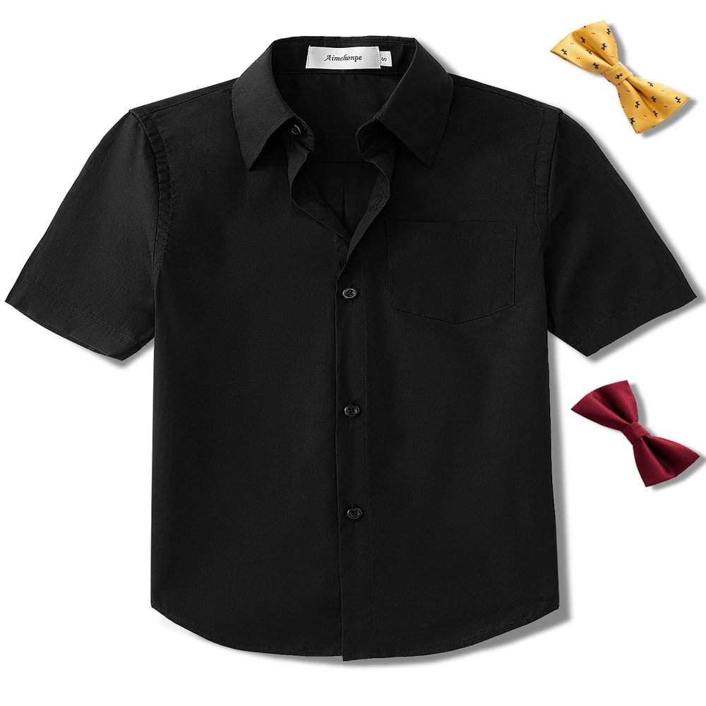 Aimehonpe Boys Short Sleeve Dress Shirts Solid Poplin Soft Stretch Fabrics with Two Bow Tie Set, Black, Large