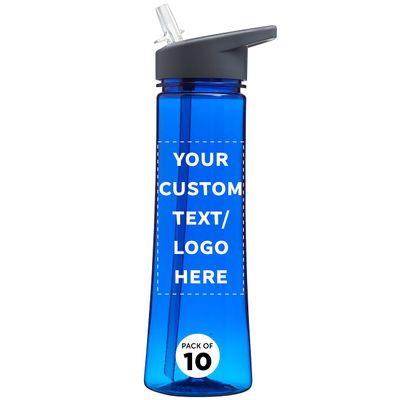 DISCOUNT PROMOS Custom Plastic Bottles with Drink Spout 22 oz. Set of 10, Personalized Bulk Pack - Great for Gym, Hiking, Cycling, Camping, Backpacking, School - Blue