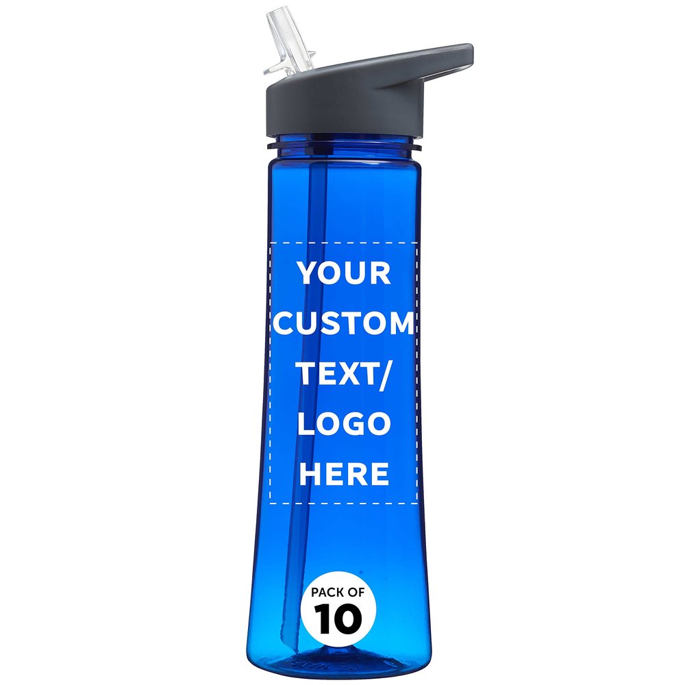 DISCOUNT PROMOS Custom Plastic Bottles with Drink Spout 22 oz. Set of 10, Personalized Bulk Pack - Great for Gym, Hiking, Cycling, Camping, Backpacking, School - Blue