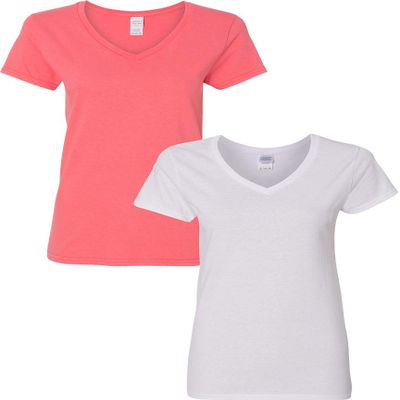 Gildan Heavy Cotton Ladies' 5.3 oz. V-Neck T-Shirt 2-Pack SML-Coral-White